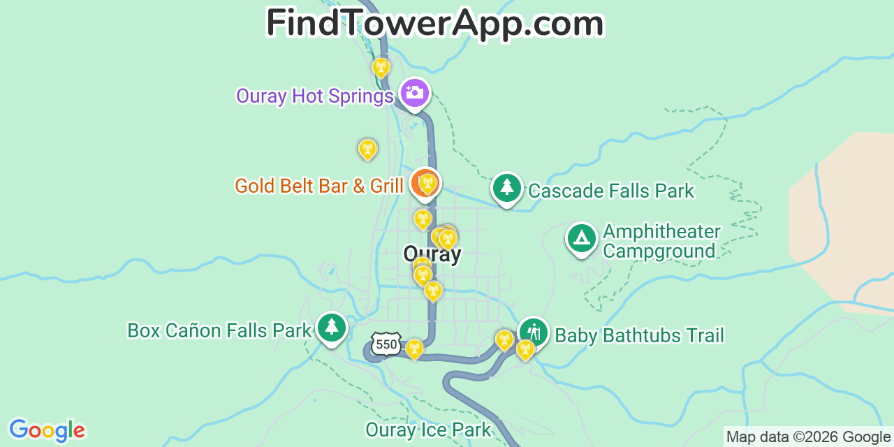 Map showing the 20 primary cell tower locations detected in Ouray, Colorado from AT&T, Verizon, and T-Mobile networks