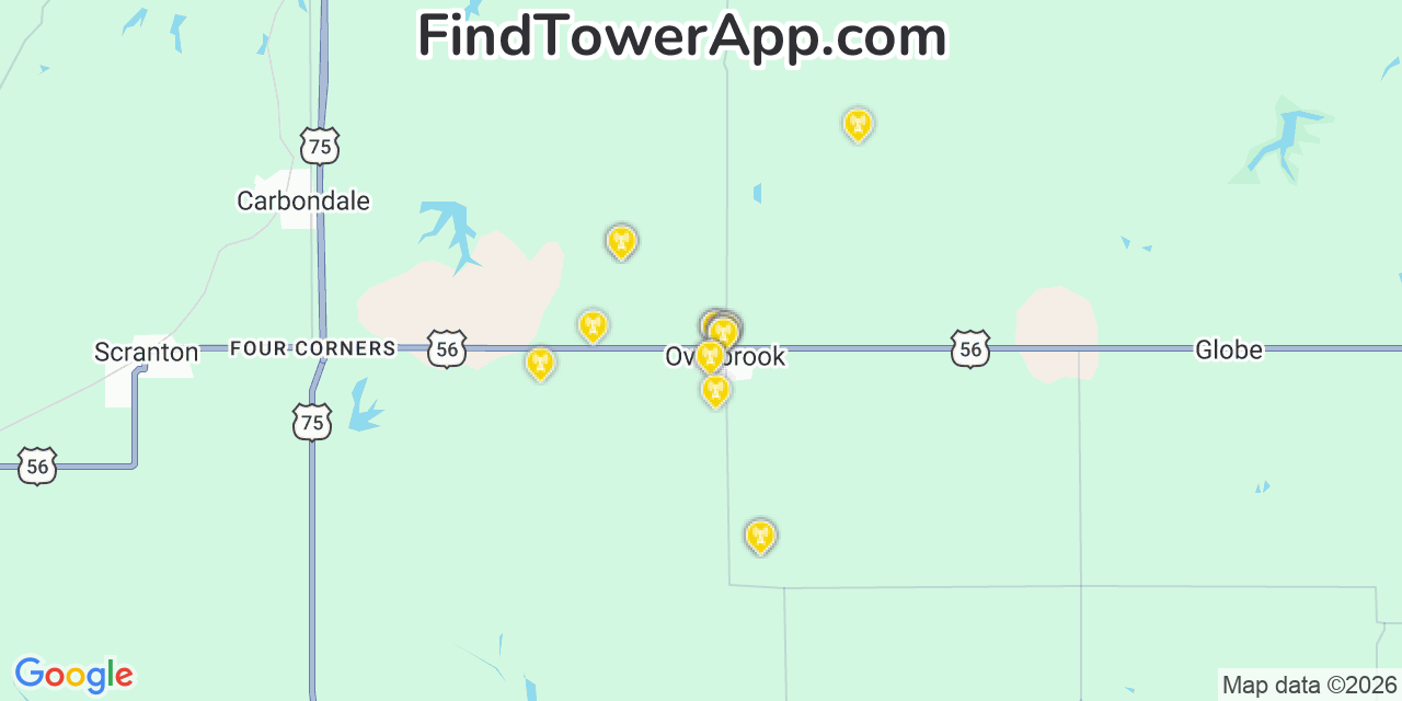 Map showing the 20 primary cell tower locations detected in Overbrook, Kansas from AT&T, Verizon, and T-Mobile networks