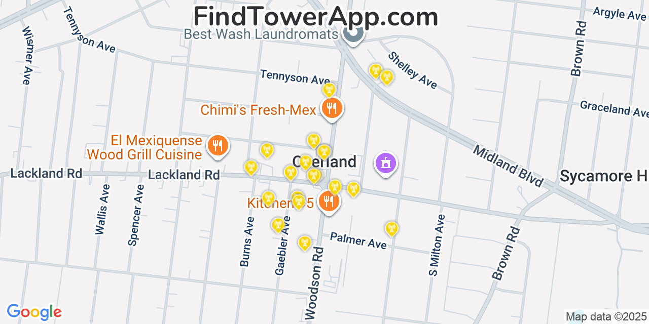 Map showing the 20 primary cell tower locations detected in Overland, Missouri from AT&T, Verizon, and T-Mobile networks