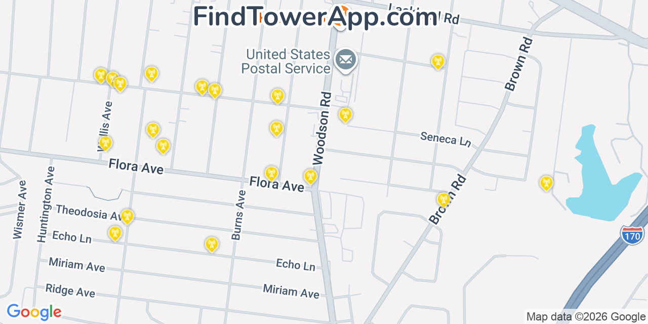 Map showing the 20 primary cell tower locations detected in Overland, Missouri from AT&T, Verizon, and T-Mobile networks