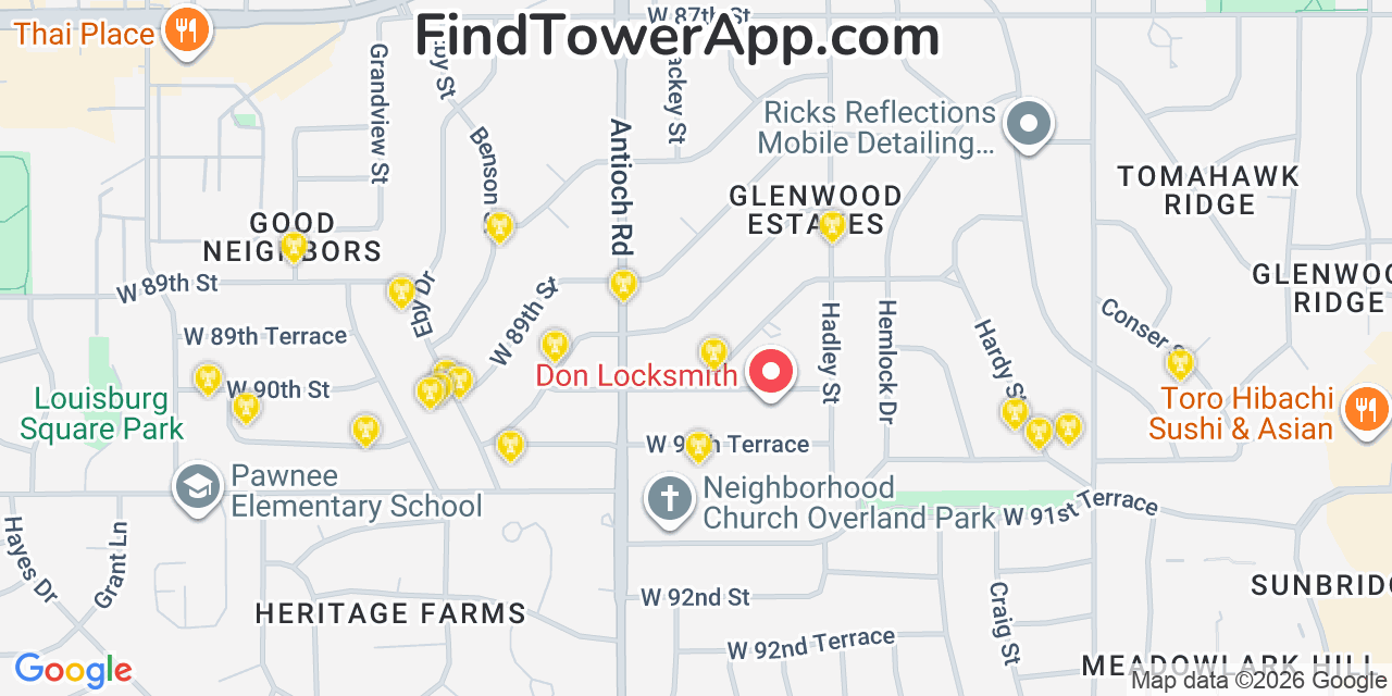 Map showing the 20 primary cell tower locations detected in Overland Park, Kansas from AT&T, Verizon, and T-Mobile networks