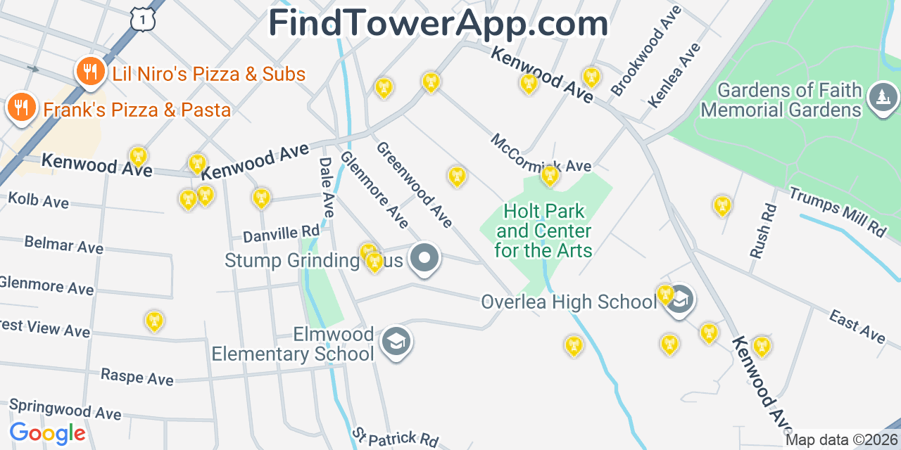 Map showing the 20 primary cell tower locations detected in Overlea, Maryland from AT&T, Verizon, and T-Mobile networks