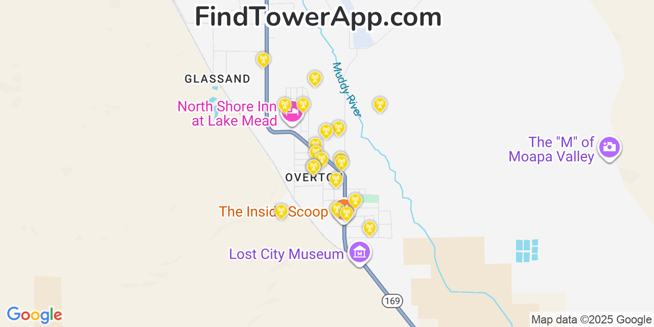 Map showing the 20 primary AT&T cell tower locations detected in Overton, Nevada with coverage radius and signal strength indicators