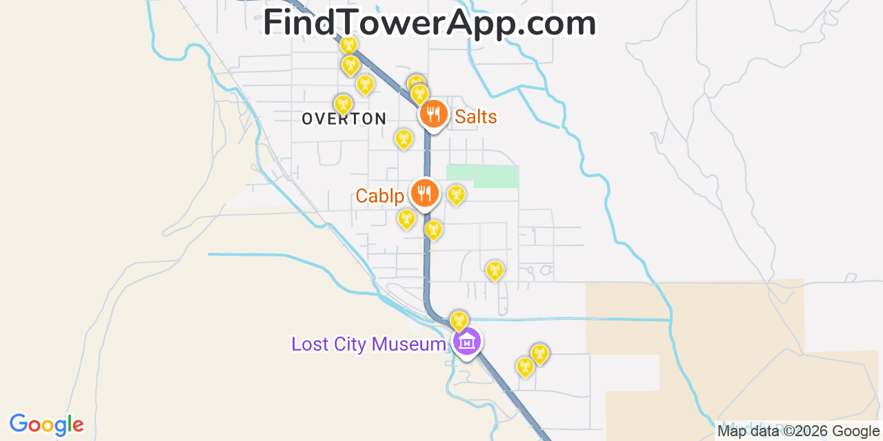 Map showing the 20 primary cell tower locations detected in Overton, Nevada from AT&T, Verizon, and T-Mobile networks