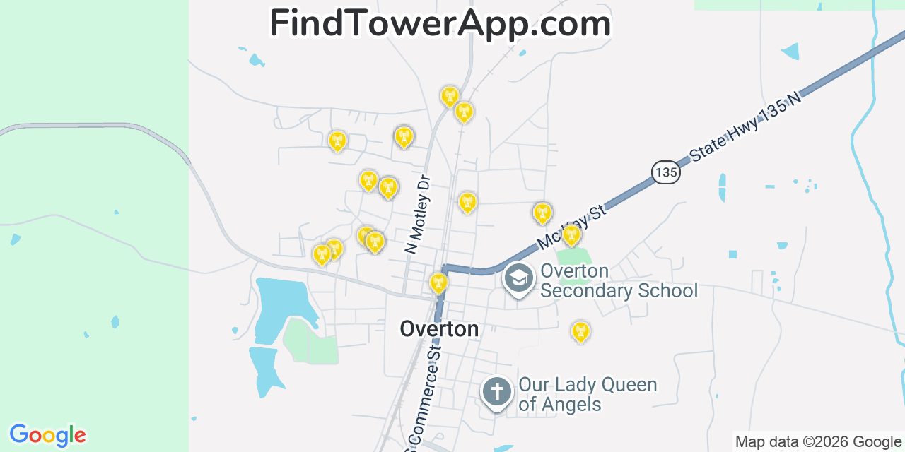 Map showing the 20 primary cell tower locations detected in Overton, Texas from AT&T, Verizon, and T-Mobile networks