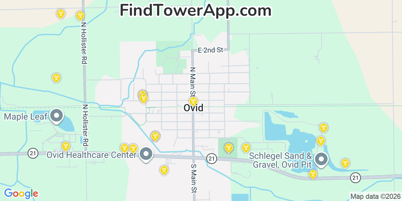 Map showing the 20 primary cell tower locations detected in Ovid, Michigan from AT&T, Verizon, and T-Mobile networks