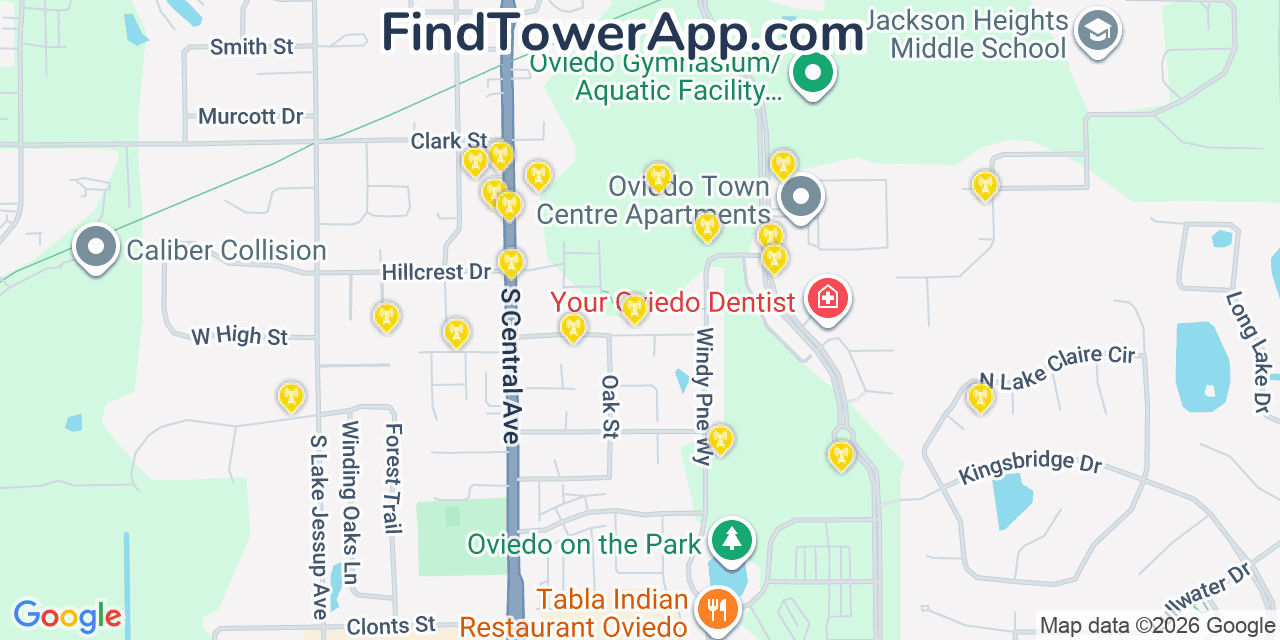 Map showing the 20 primary cell tower locations detected in Oviedo, Florida from AT&T, Verizon, and T-Mobile networks