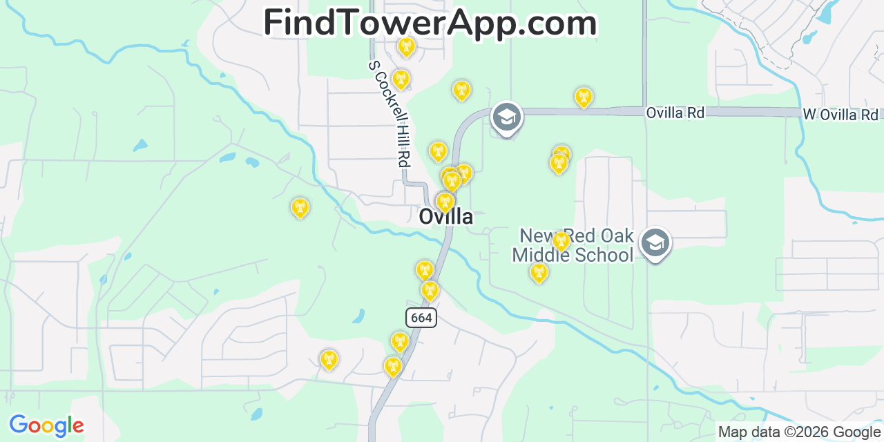Map showing the 20 primary cell tower locations detected in Ovilla, Texas from AT&T, Verizon, and T-Mobile networks