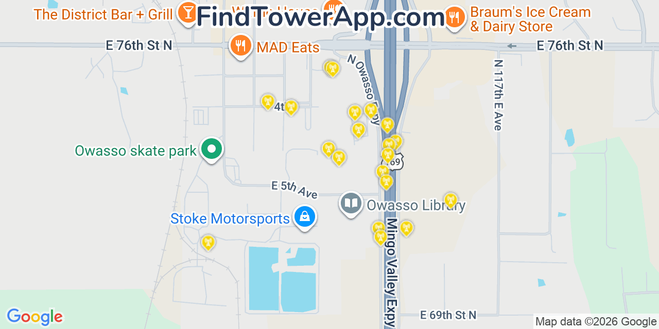 Map showing the 20 primary cell tower locations detected in Owasso, Oklahoma from AT&T, Verizon, and T-Mobile networks