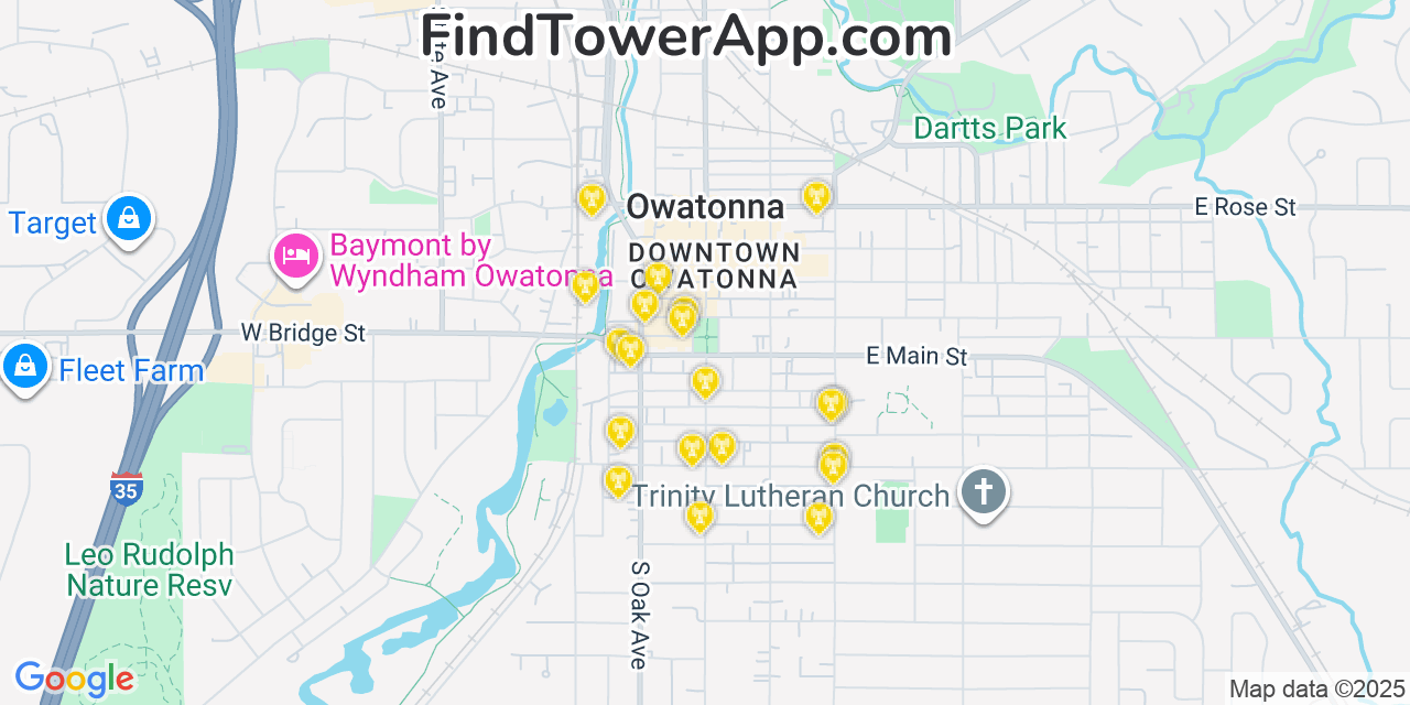 Map showing the 20 primary cell tower locations detected in Owatonna, Minnesota from AT&T, Verizon, and T-Mobile networks