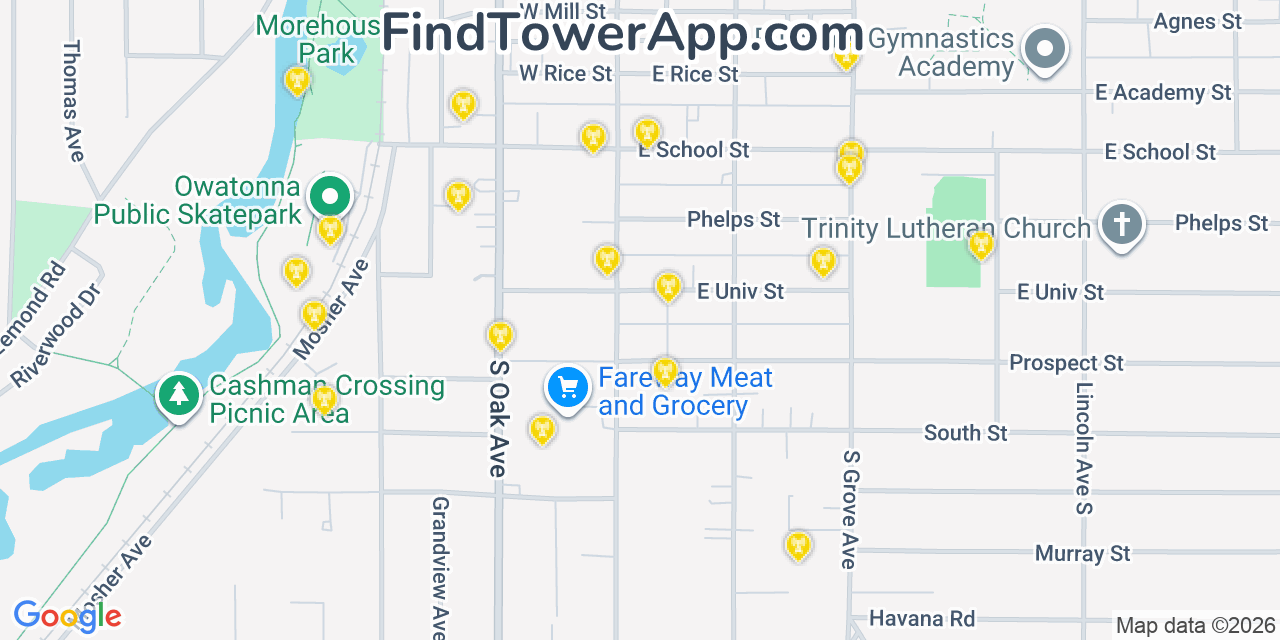 Map showing the 20 primary cell tower locations detected in Owatonna, Minnesota from AT&T, Verizon, and T-Mobile networks
