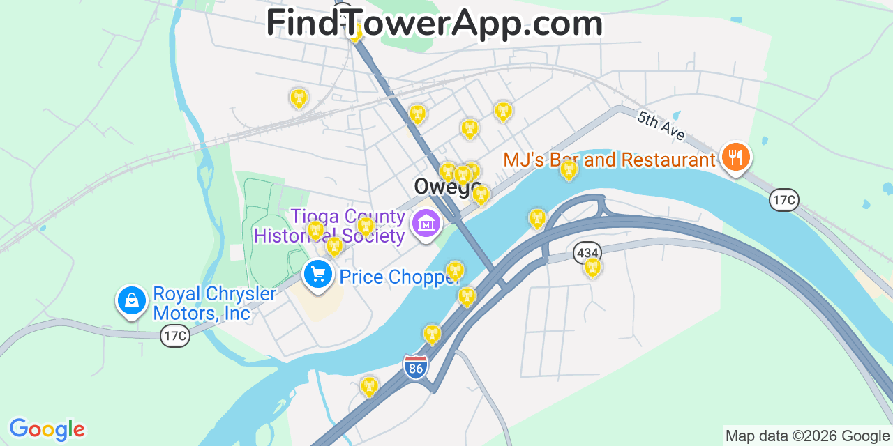 Map showing the 20 primary cell tower locations detected in Owego, New York from AT&T, Verizon, and T-Mobile networks