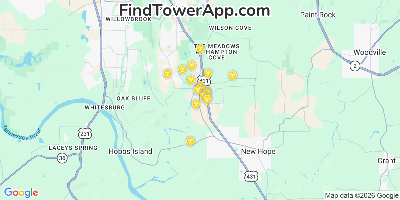 Map showing the 20 primary cell tower locations detected in Owens Cross Roads, Alabama from AT&T, Verizon, and T-Mobile networks