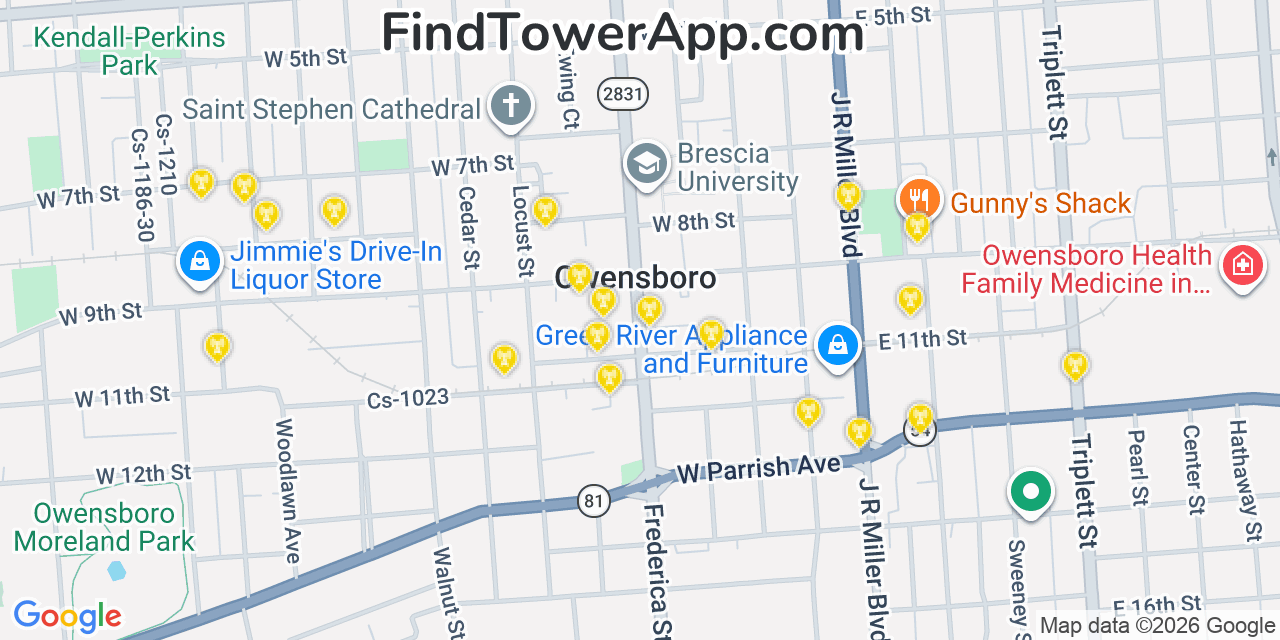 Map showing the 20 primary cell tower locations detected in Owensboro, Kentucky from AT&T, Verizon, and T-Mobile networks