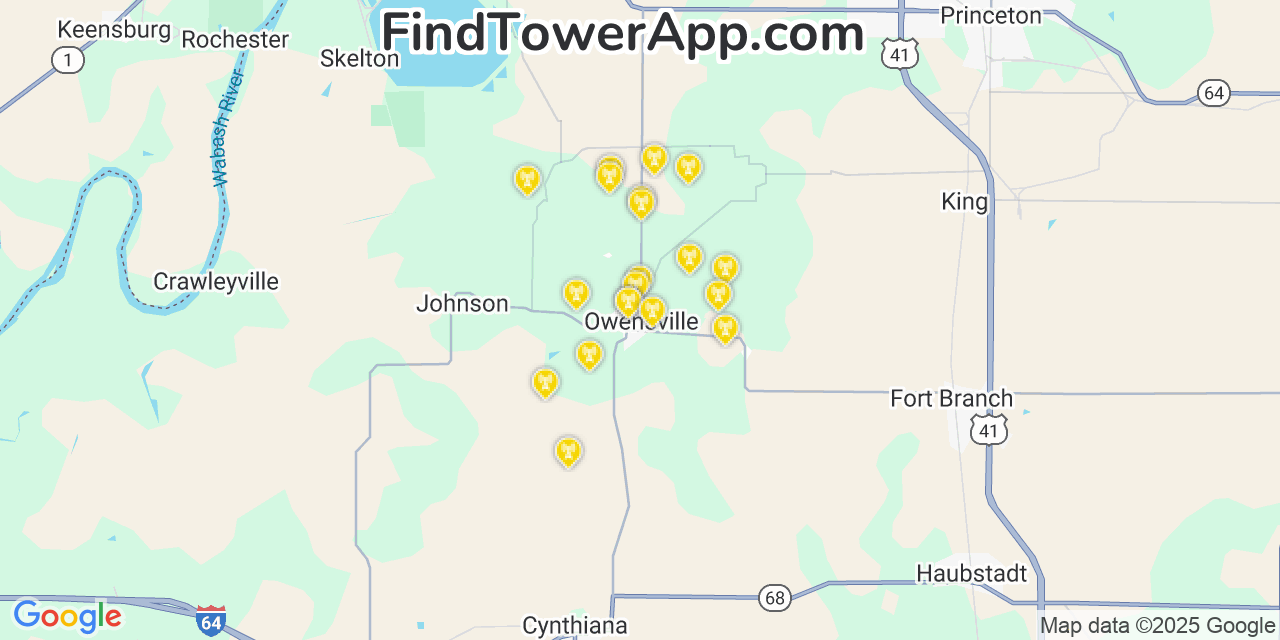Map showing the 20 primary cell tower locations detected in Owensville, Indiana from AT&T, Verizon, and T-Mobile networks