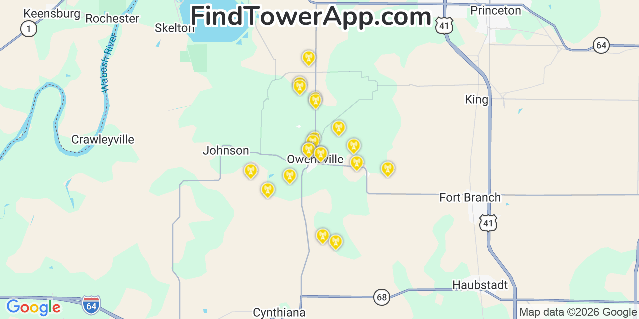 Map showing the 20 primary cell tower locations detected in Owensville, Indiana from AT&T, Verizon, and T-Mobile networks