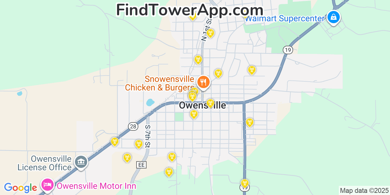 Map showing the 20 primary cell tower locations detected in Owensville, Missouri from AT&T, Verizon, and T-Mobile networks