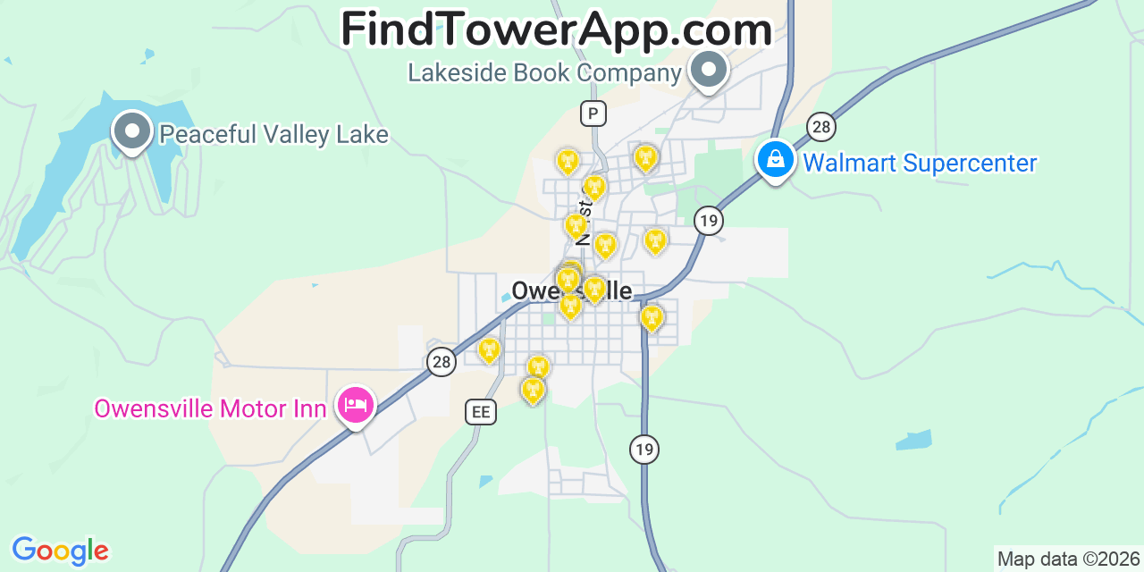 Map showing the 20 primary cell tower locations detected in Owensville, Missouri from AT&T, Verizon, and T-Mobile networks