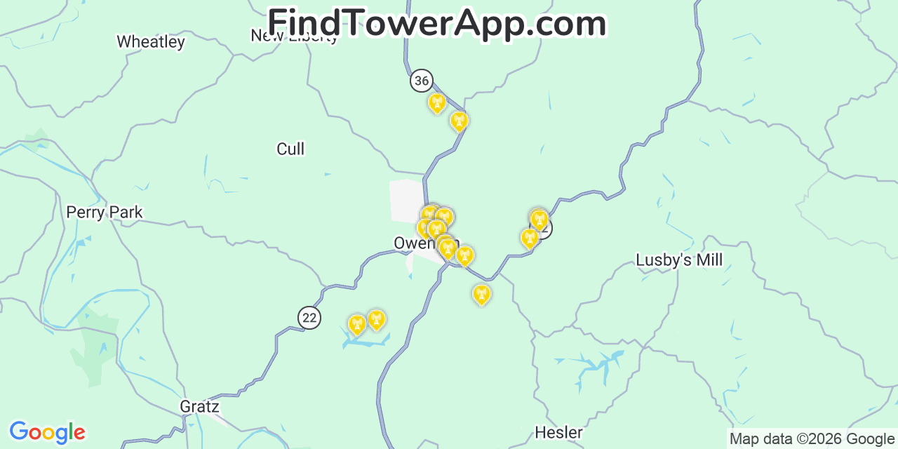 Map showing the 20 primary cell tower locations detected in Owenton, Kentucky from AT&T, Verizon, and T-Mobile networks