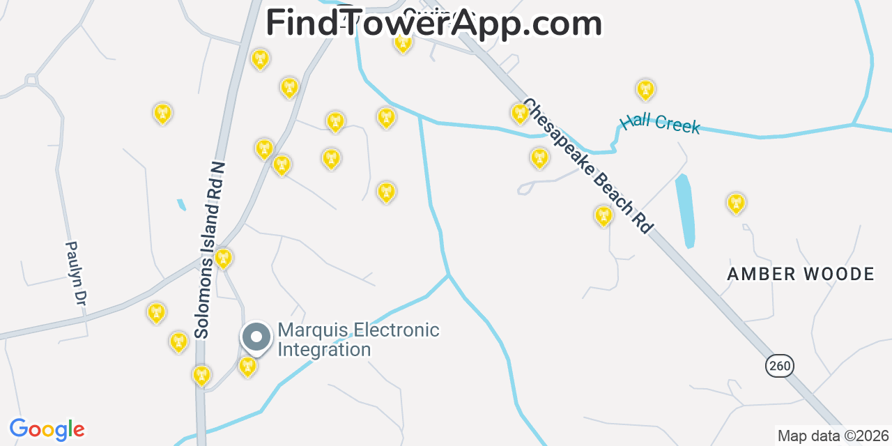 Map showing the 20 primary cell tower locations detected in Owings, Maryland from AT&T, Verizon, and T-Mobile networks