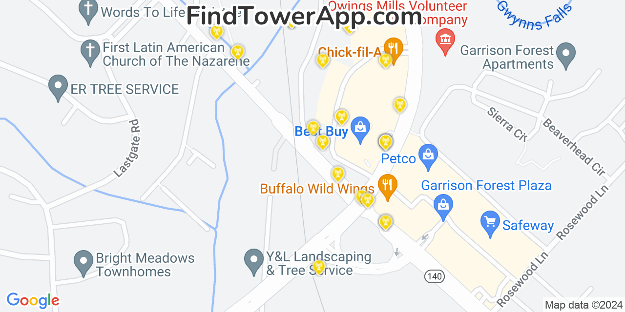 AT&T 4G/5G cell tower coverage map Owings Mills, Maryland