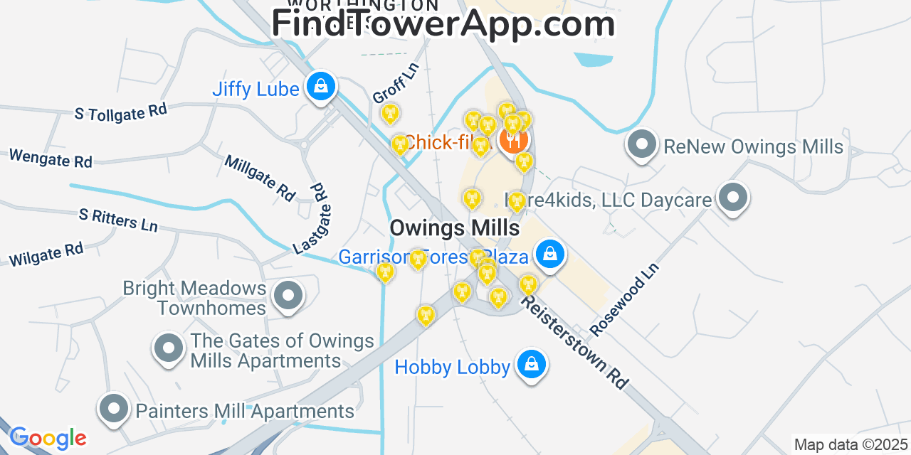 Map showing the 20 primary cell tower locations detected in Owings Mills, Maryland from AT&T, Verizon, and T-Mobile networks