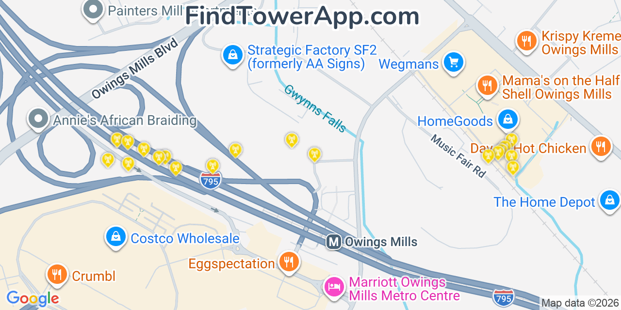 Map showing the 20 primary cell tower locations detected in Owings Mills, Maryland from AT&T, Verizon, and T-Mobile networks