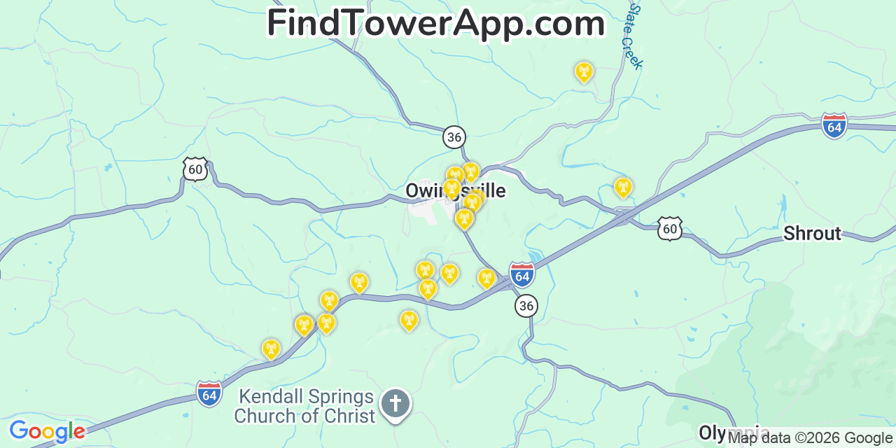 Map showing the 20 primary cell tower locations detected in Owingsville, Kentucky from AT&T, Verizon, and T-Mobile networks