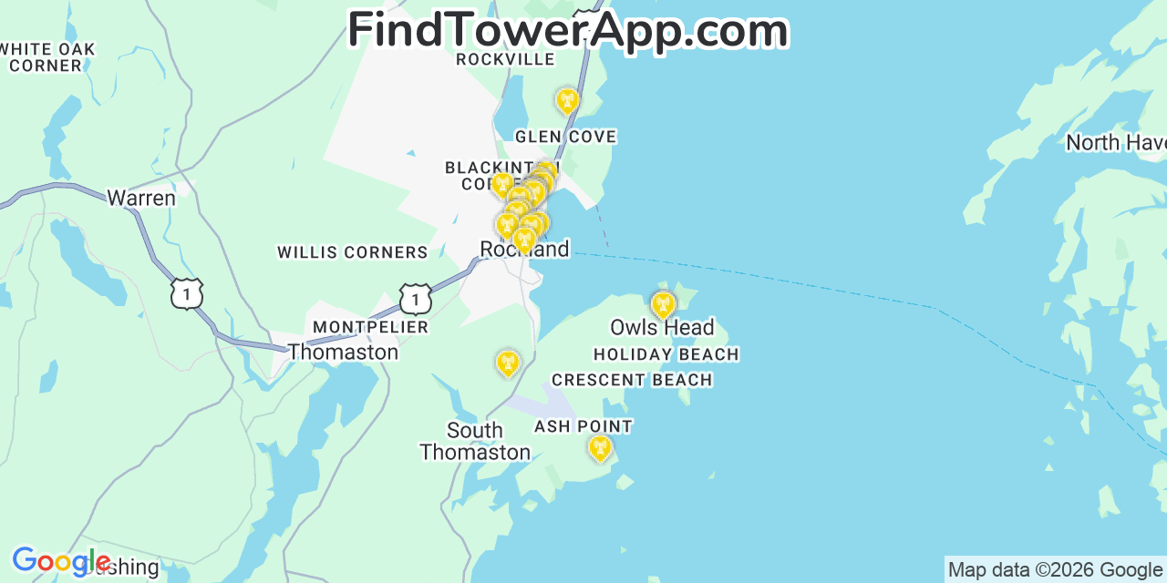 Map showing the 20 primary cell tower locations detected in Owls Head, Maine from AT&T, Verizon, and T-Mobile networks