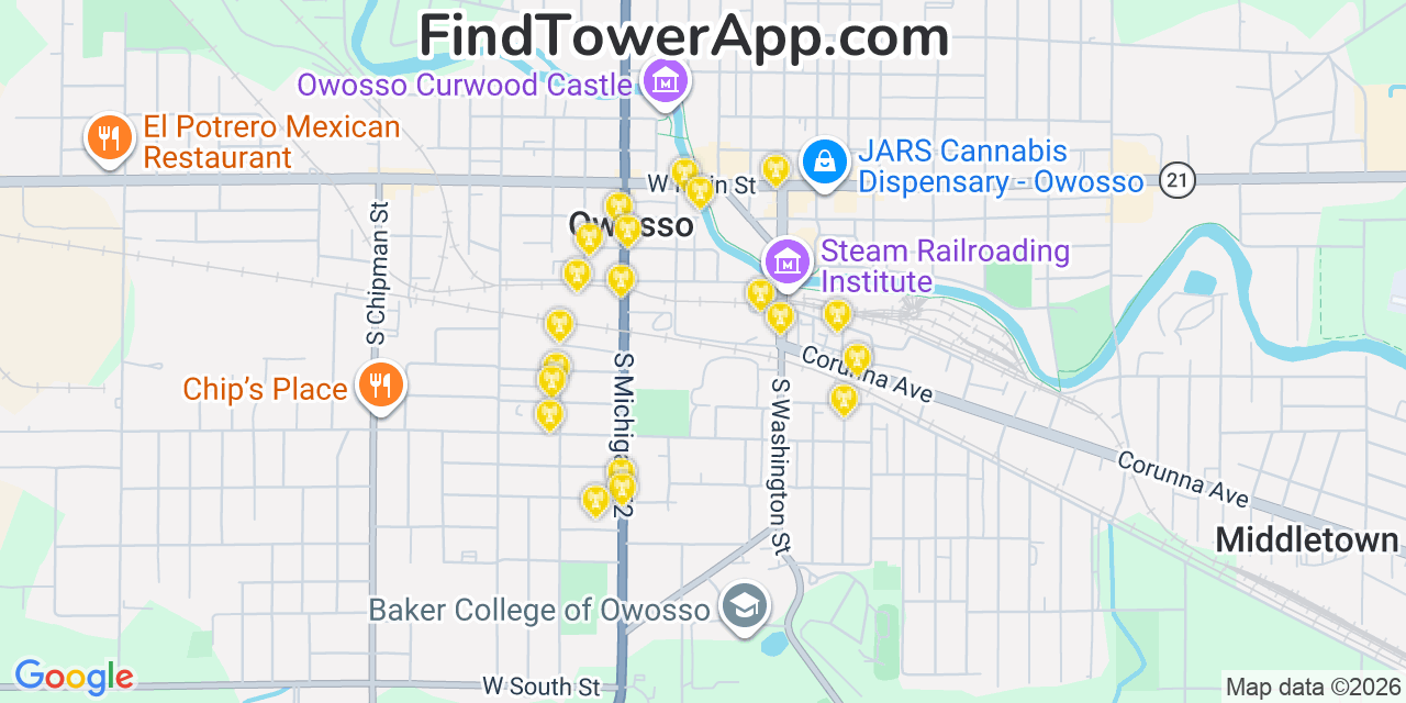 Map showing the 20 primary cell tower locations detected in Owosso, Michigan from AT&T, Verizon, and T-Mobile networks