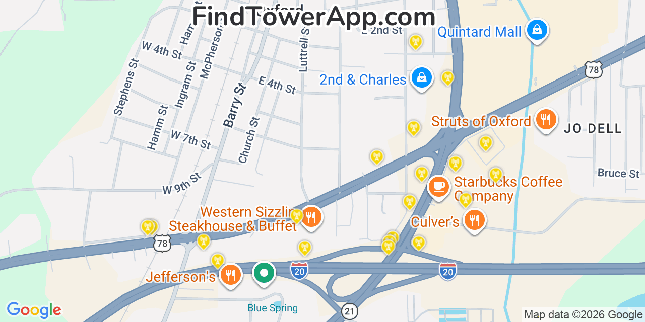 Map showing the 20 primary cell tower locations detected in Oxford, Alabama from AT&T, Verizon, and T-Mobile networks