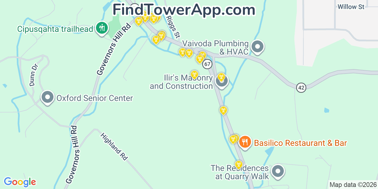 Map showing the 20 primary cell tower locations detected in Oxford, Connecticut from AT&T, Verizon, and T-Mobile networks