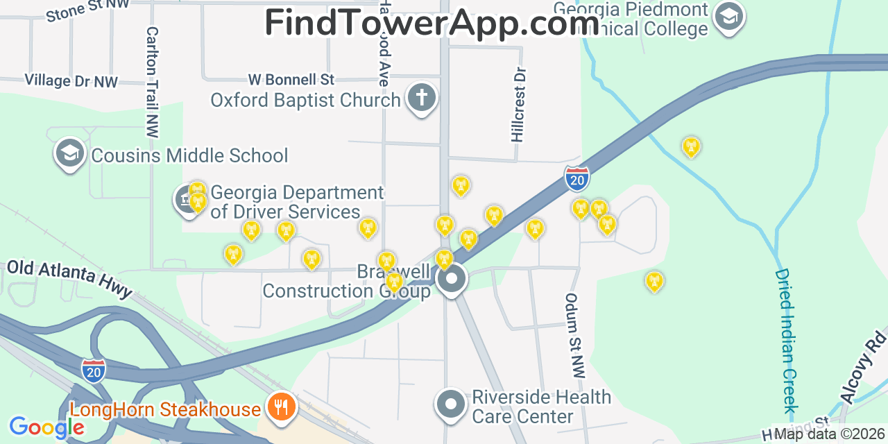 Map showing the 20 primary cell tower locations detected in Oxford, Georgia from AT&T, Verizon, and T-Mobile networks