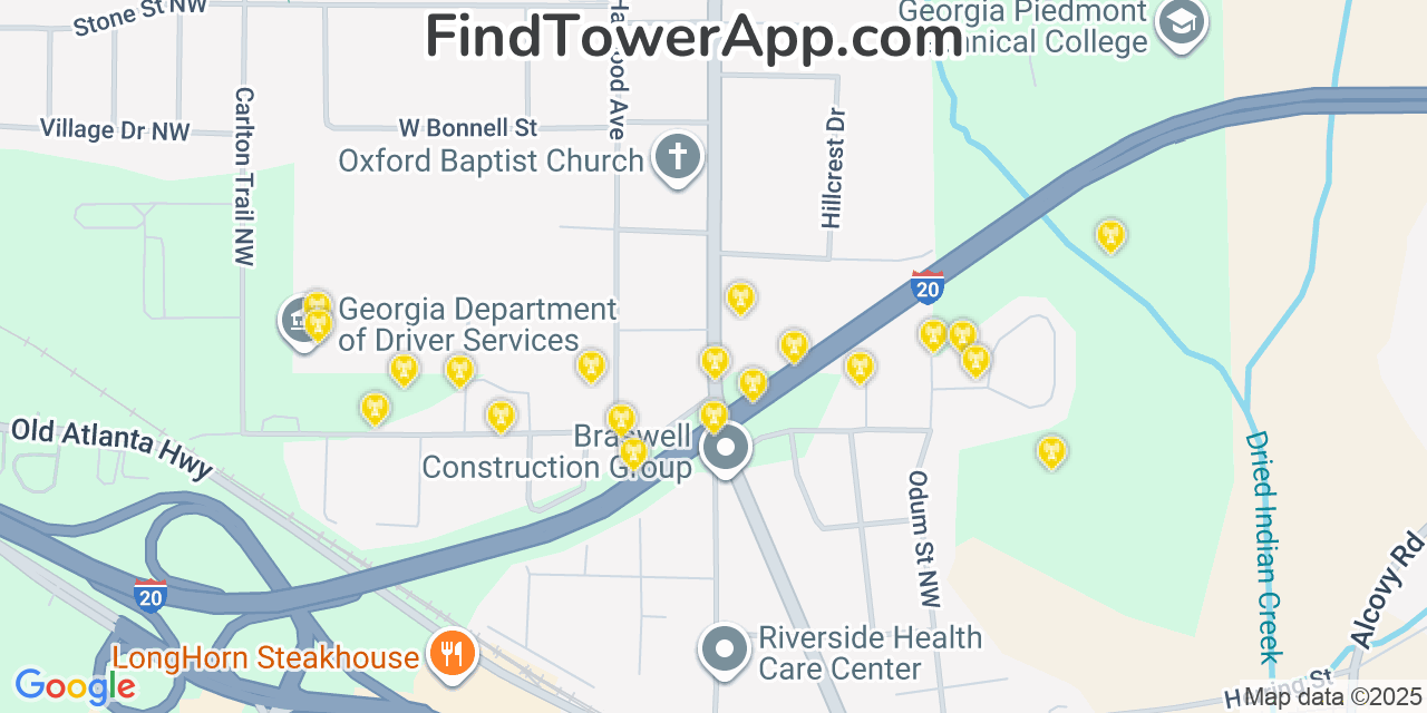 Map showing the 20 primary Mobitel cell tower locations detected in Oxford, Georgia with coverage radius and signal strength indicators