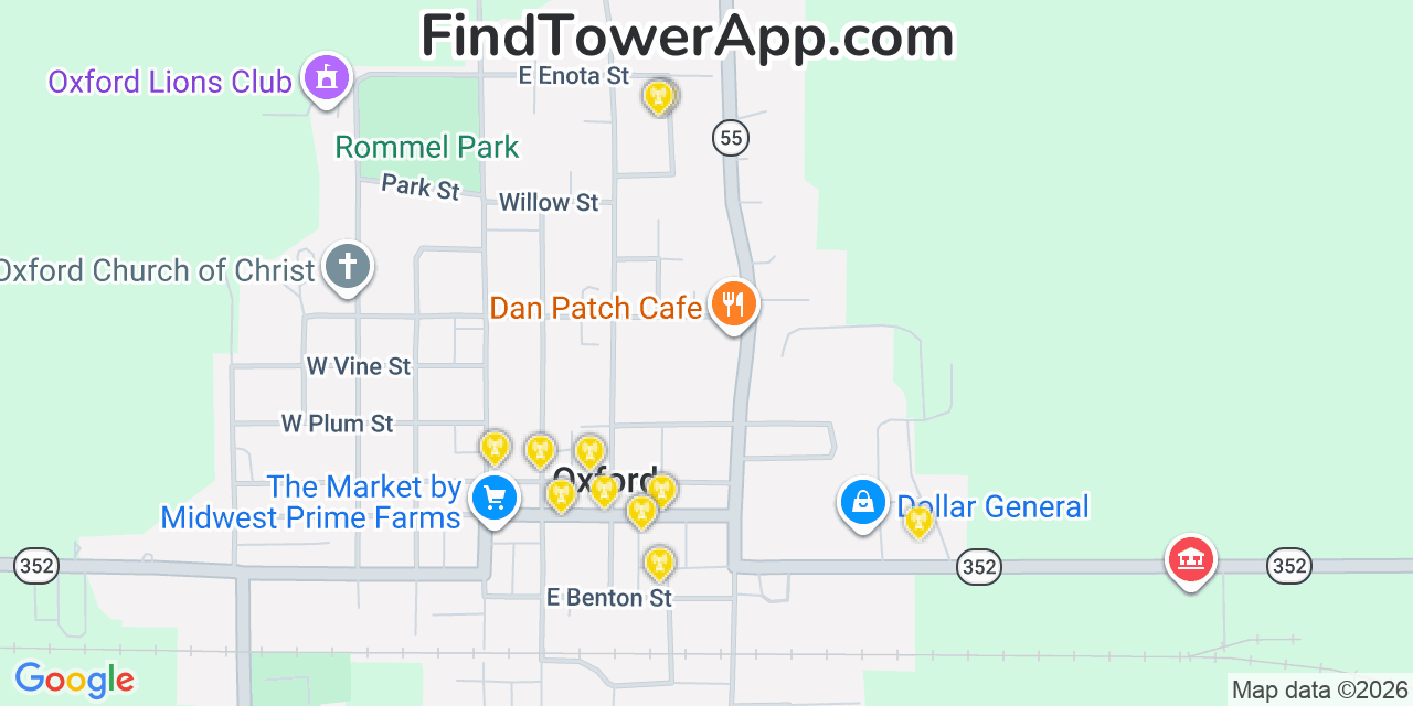 Map showing the 20 primary cell tower locations detected in Oxford, Indiana from AT&T, Verizon, and T-Mobile networks