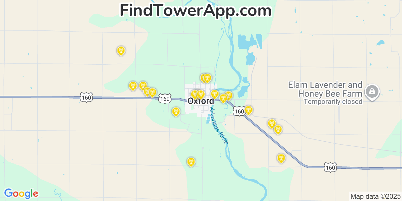 Map showing the 20 primary cell tower locations detected in Oxford, Kansas from AT&T, Verizon, and T-Mobile networks