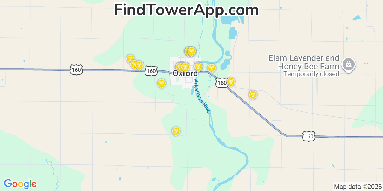 Map showing the 20 primary cell tower locations detected in Oxford, Kansas from AT&T, Verizon, and T-Mobile networks