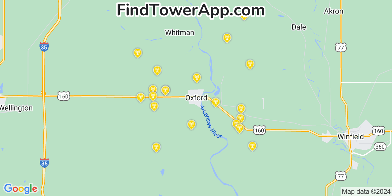 Verizon 4G/5G cell tower coverage map Oxford, Kansas