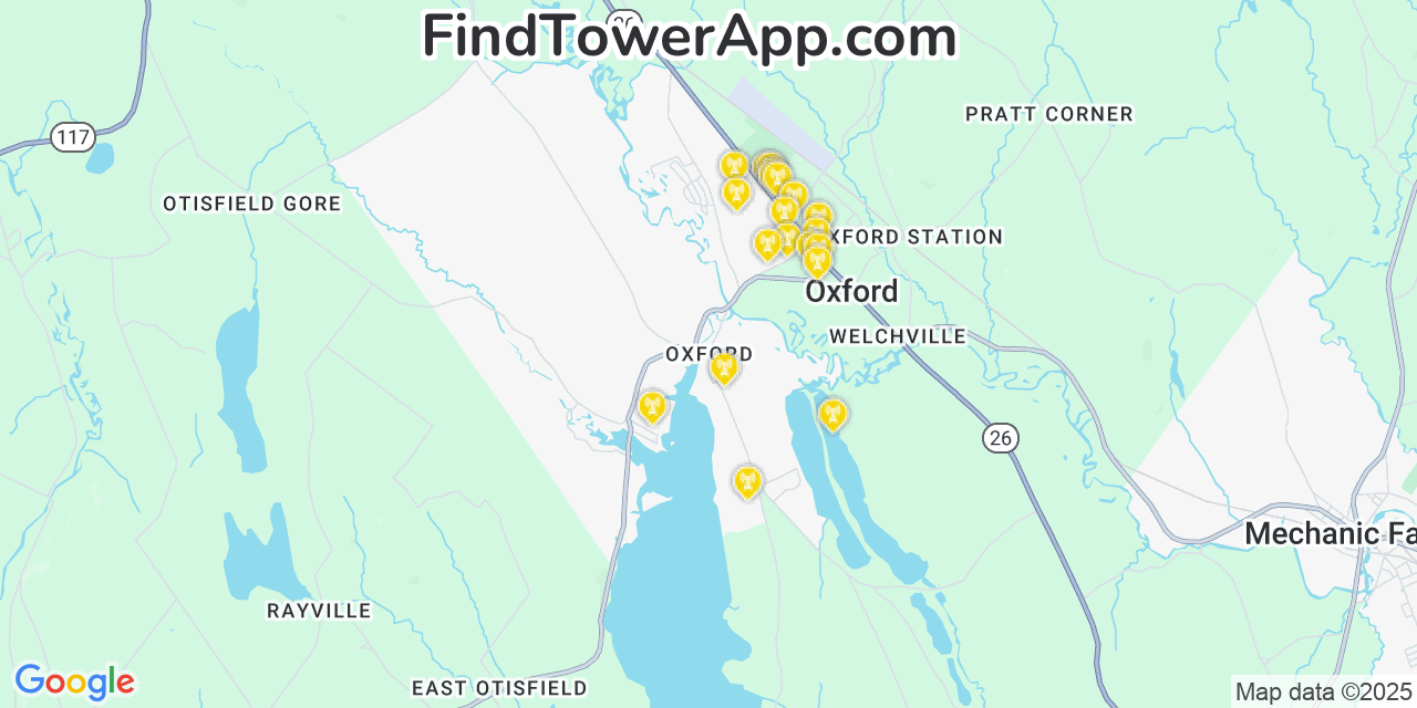 Map showing the 20 primary cell tower locations detected in Oxford, Maine from AT&T, Verizon, and T-Mobile networks
