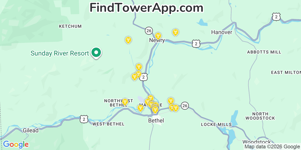 Map showing the 20 primary cell tower locations detected in Oxford, Maine from AT&T, Verizon, and T-Mobile networks
