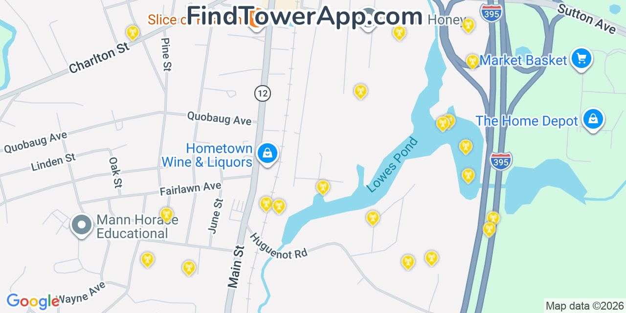 Map showing the 20 primary cell tower locations detected in Oxford, Massachusetts from AT&T, Verizon, and T-Mobile networks