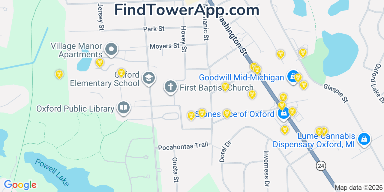 Map showing the 20 primary cell tower locations detected in Oxford, Michigan from AT&T, Verizon, and T-Mobile networks