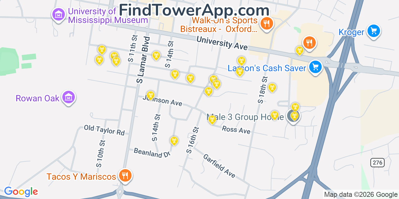 Map showing the 20 primary cell tower locations detected in Oxford, Mississippi from AT&T, Verizon, and T-Mobile networks