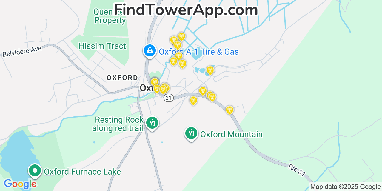 Map showing the 20 primary cell tower locations detected in Oxford, New Jersey from AT&T, Verizon, and T-Mobile networks