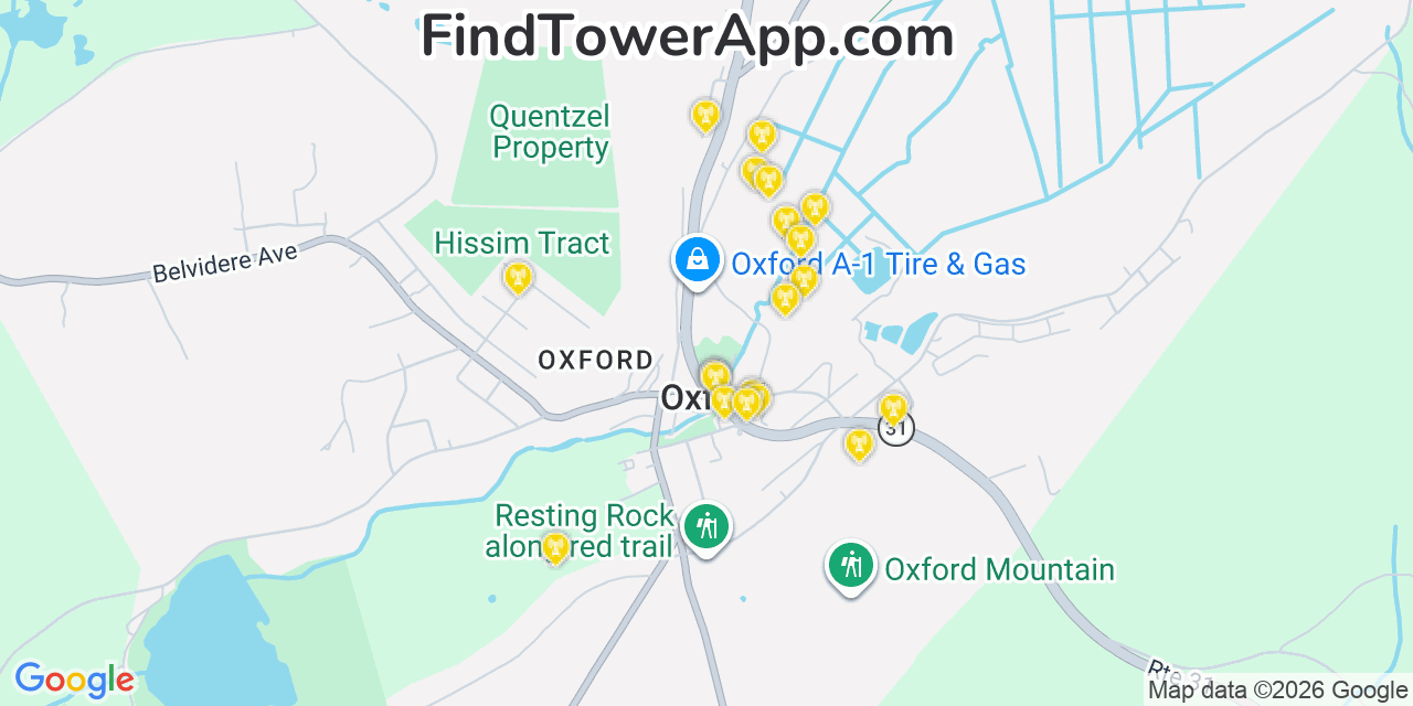 Map showing the 20 primary cell tower locations detected in Oxford, New Jersey from AT&T, Verizon, and T-Mobile networks