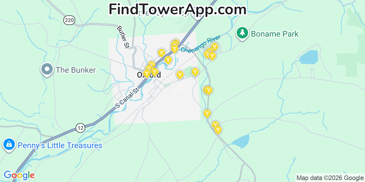 Map showing the 20 primary cell tower locations detected in Oxford, New York from AT&T, Verizon, and T-Mobile networks