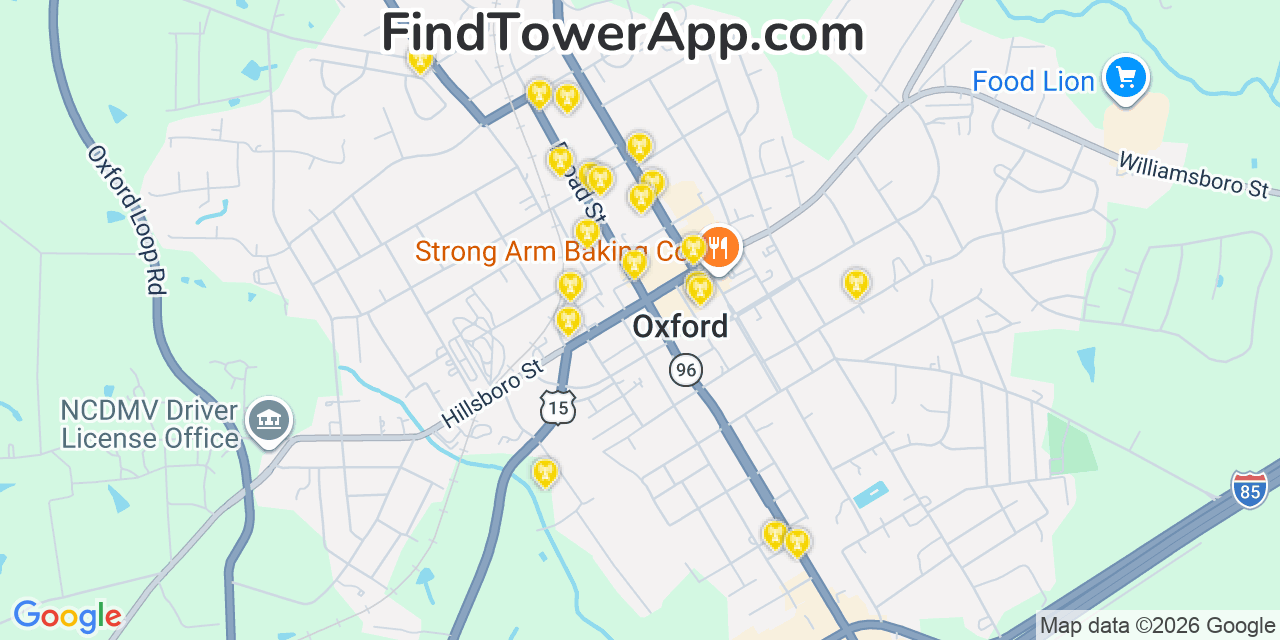 Map showing the 20 primary cell tower locations detected in Oxford, North Carolina from AT&T, Verizon, and T-Mobile networks