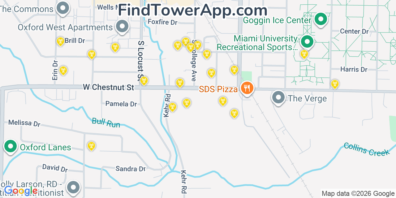 Map showing the 20 primary cell tower locations detected in Oxford, Ohio from AT&T, Verizon, and T-Mobile networks