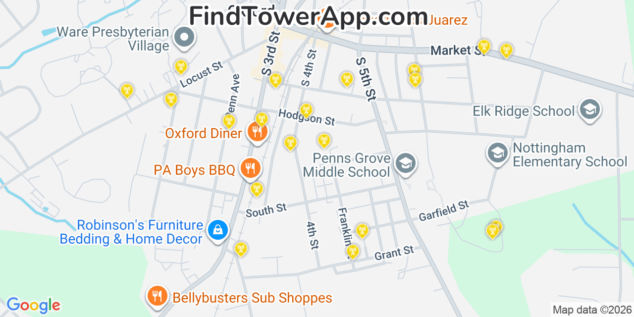Map showing the 20 primary cell tower locations detected in Oxford, Pennsylvania from AT&T, Verizon, and T-Mobile networks