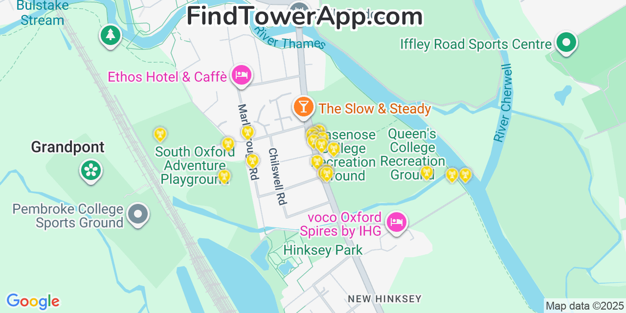 Map showing the 20 primary cell tower locations detected in Oxford, United Kingdom with coverage areas and signal strength